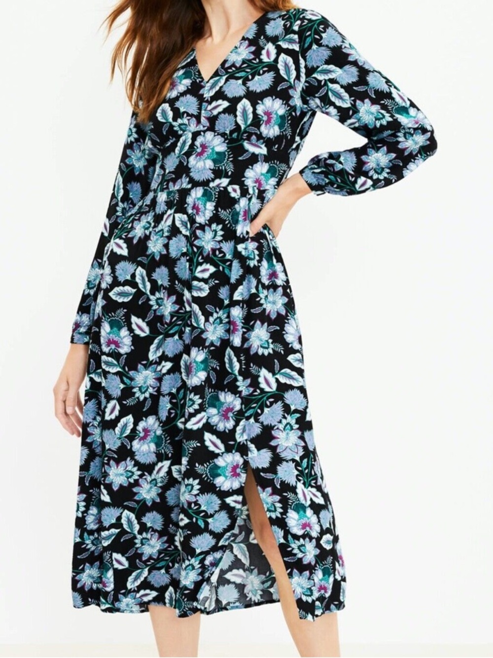 Women’s LOFT Black Green Purple Floral Midi Dress Size 0